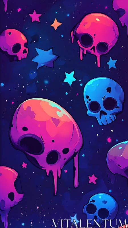 Neon skull illustrations float among stars on deep blue space