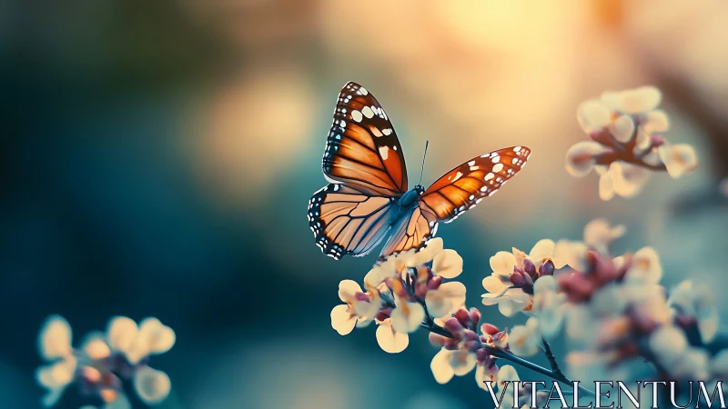 Monarch butterfly hovers over blossoms in luminous bokeh field