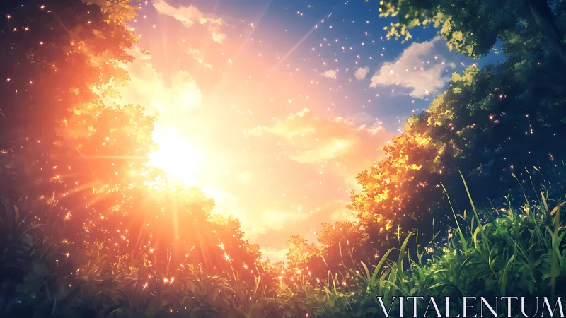 Sunlit forest clearing with bright sky and floating particles.