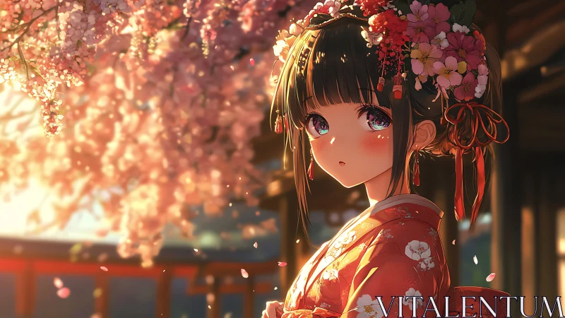 Gentle girl in kimono under softly glowing cherry blossoms.