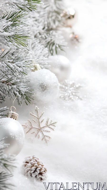 Snowy pine branches with soft white Christmas ornaments.
