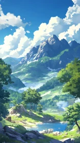 Bright mountain valley with river under clear blue sky.