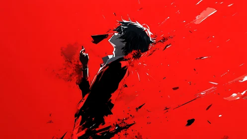Silhouetted figure erupts into shards across red void