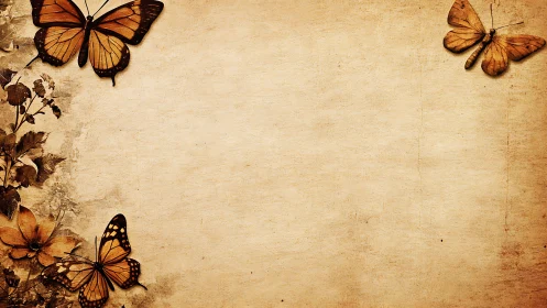 Gentle butterflies frame a warm vintage parchment space