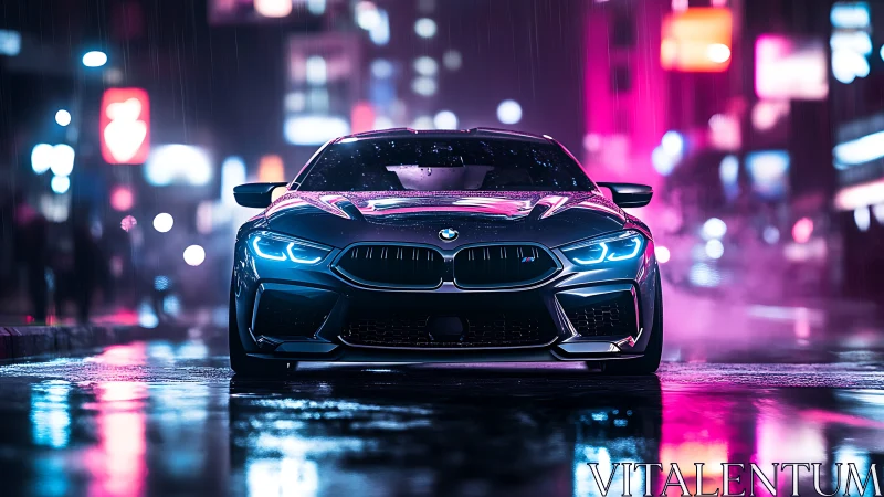 Sleek sports car cuts through neon rain on a wet city street