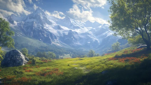 Snowcapped mountain range above lush spring valley meadow.