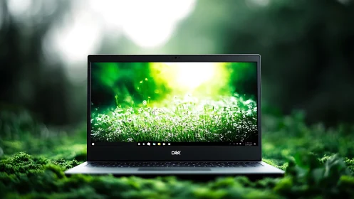Laptop on green moss surface with nature wallpaper display.