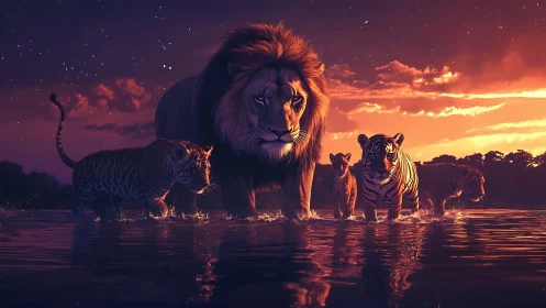 Large felids and feline group positioned at water's edge under dramatic sky.