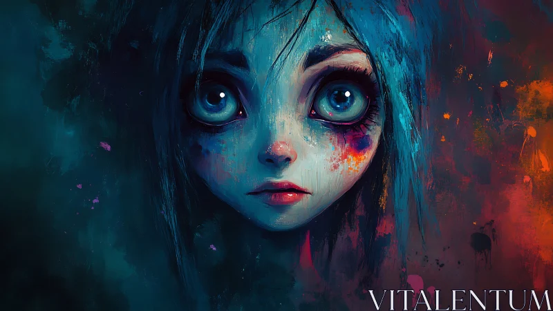 Haunting blue-haired girl stares through neon darkness.