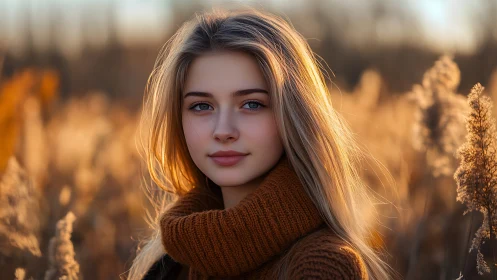 Young woman in brown sweater in sunlit field at dusk.