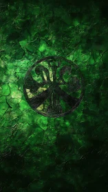 Textured green stone field with engraved circular floral emblem