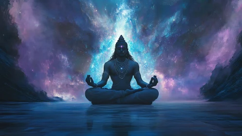 Cosmic blue yogi meditates amid luminous nebular vortex