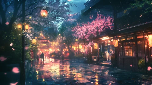 Lanternlit sakura street glows softly beneath the evening rain.