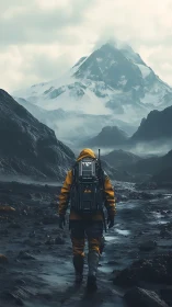 Lone explorer treks toward a looming, mist-shrouded peak