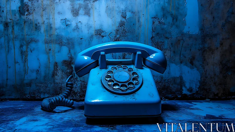 Rotary telephone under moody blue light on decayed wall