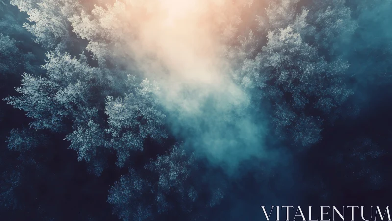 Fog diffuses warm light over dense frosted treetop canopy