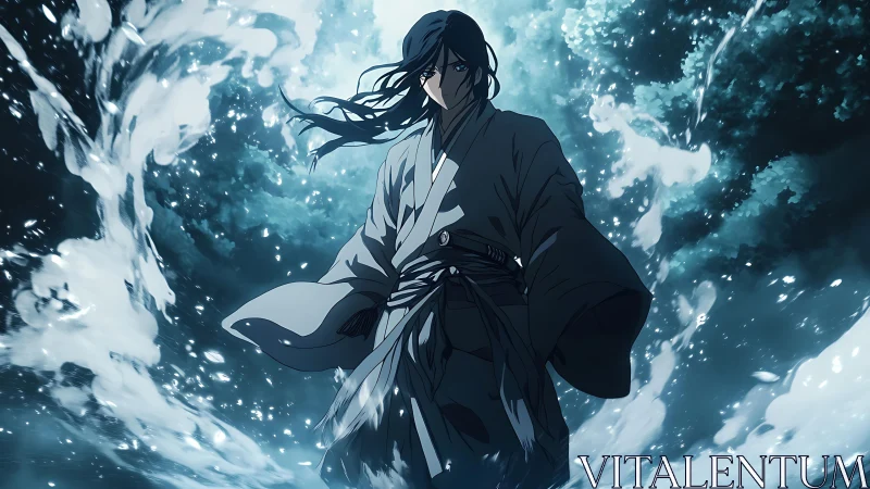 Samurai figure commands swirling aqueous energy in dynamic frame