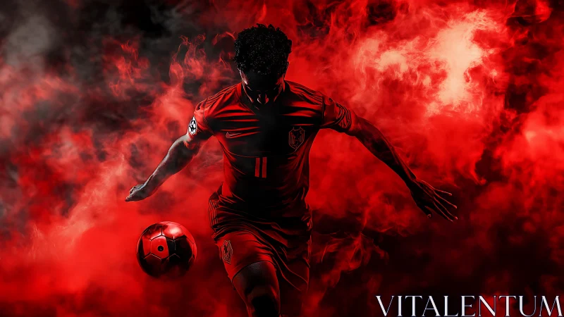 Silhouetted football player controls ball within dense red smoke