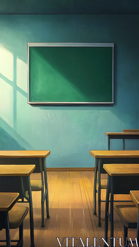 Sunlit empty classroom shows clean chalkboard and desks