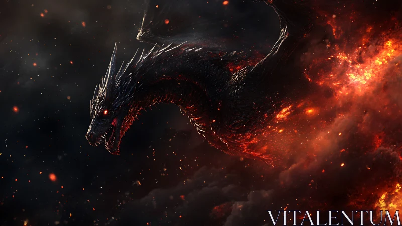 Volcanic inferno dragon with embers in turbulent smoke field