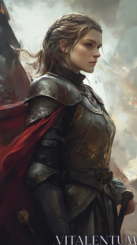 Battle-hardened warrior woman in weathered steel armor.