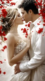 Romantic Couple Kissing Among Red Flowers.