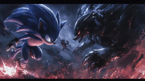 Blue anthropomorphic hedgehog confronts large dark creature
