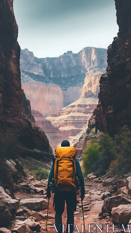 Vertical canyon trek with backpacker in photoreal focus.