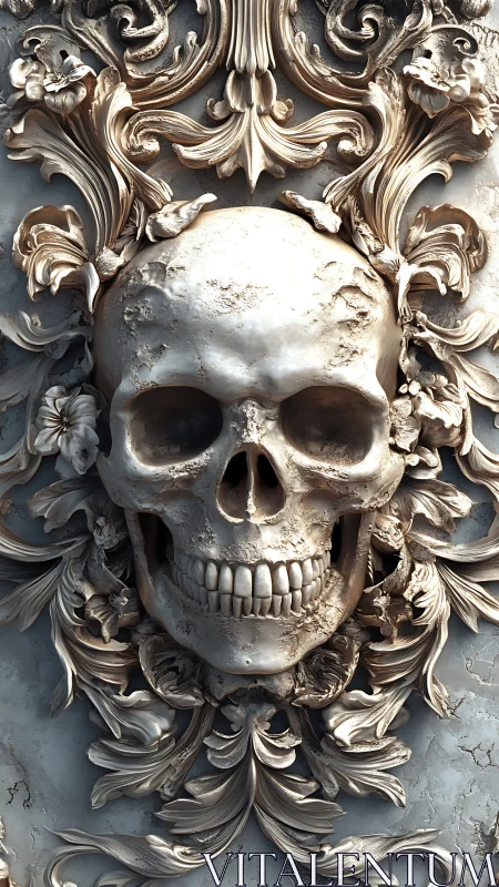 Baroque skull relief melds ornate florals with quiet decay