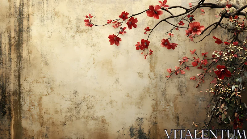 Red blossoms arc across aged textured ochre wall