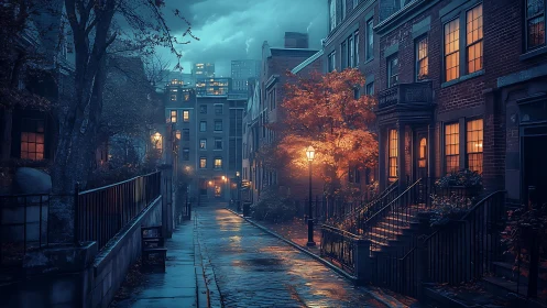 Autumn-lit city alley glows under moody blue twilight.