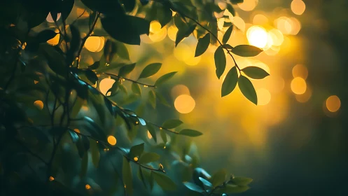 Sunlit green leaves with dreamy golden bokeh background, nature photography.