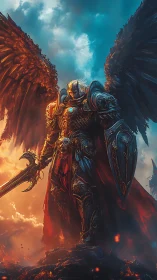 Armored angelic warlord over burning battlefield skies.