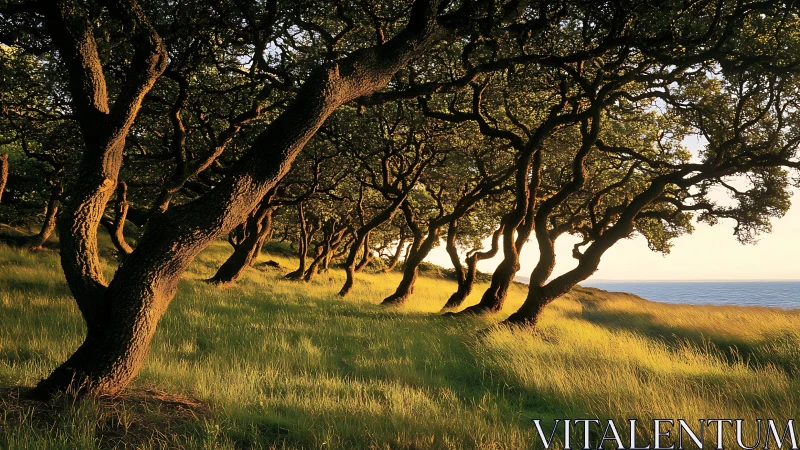 Sunlit shoreline grove bending into evening light&rsquo;s hush.