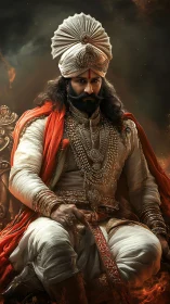 Regal warrior sits in ornate attire against smoky backdrop