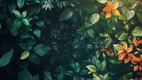 Lush foliage wall blends deep greens with autumn accents.