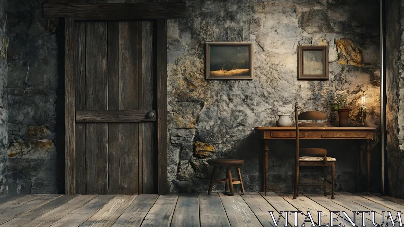 Candlelit stone study where wooden secrets quietly linger.