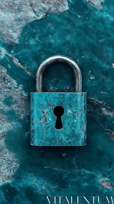 Weathered turquoise padlock mounted on corroded metal surface