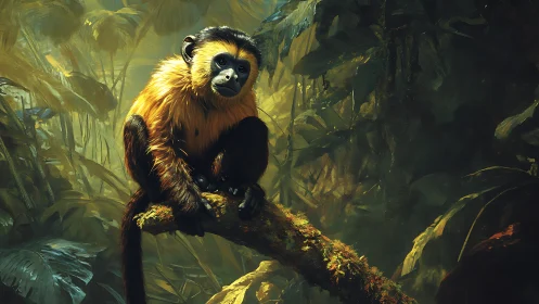 Sunlit monkey lingers on mossy branch in painted jungle hush