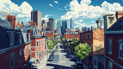 Urban street extends toward dense downtown skyline in daylight