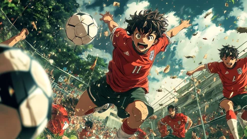 Dynamic anime soccer charge under vibrant afternoon skies.