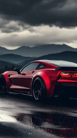 Crimson stormrunner idling on a rain-slick mountain road.