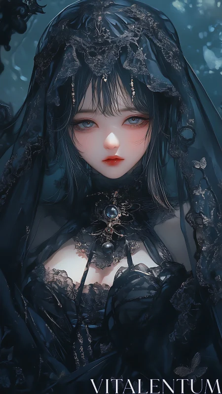 Gothic veiled maiden in high-detail digital noir regalia.