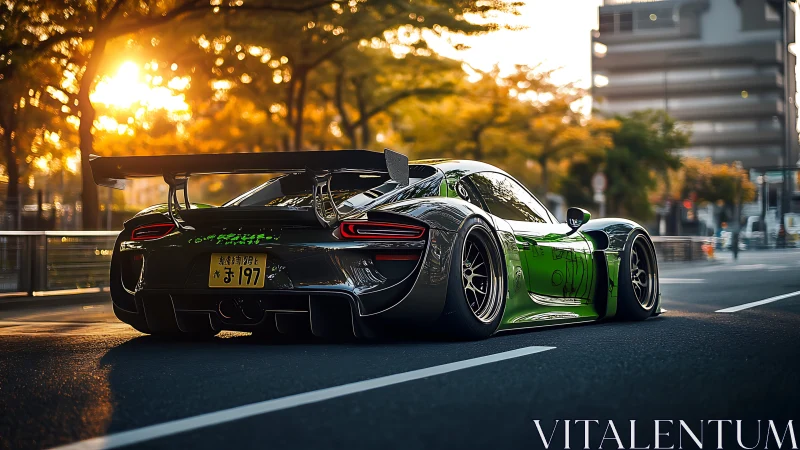 Modified sports coupe on urban street at low sun angle.