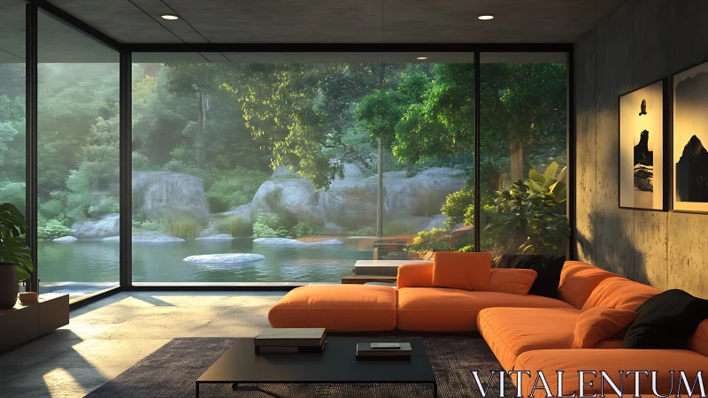 Modern living room with orange sofa and forest view.