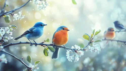 Colorful Songbirds on Flowering Branch in Dreamy Spring Style.