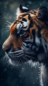 Majestic tiger gazes through falling snow in quiet focus