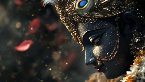 Divine deity portrait glows in shimmering golden bokeh light