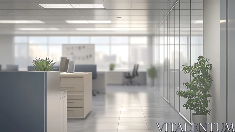 Modern open office corridor shows workstations and glass walls