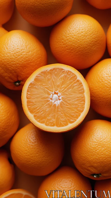 Halved orange rests atop whole oranges in tight overhead view